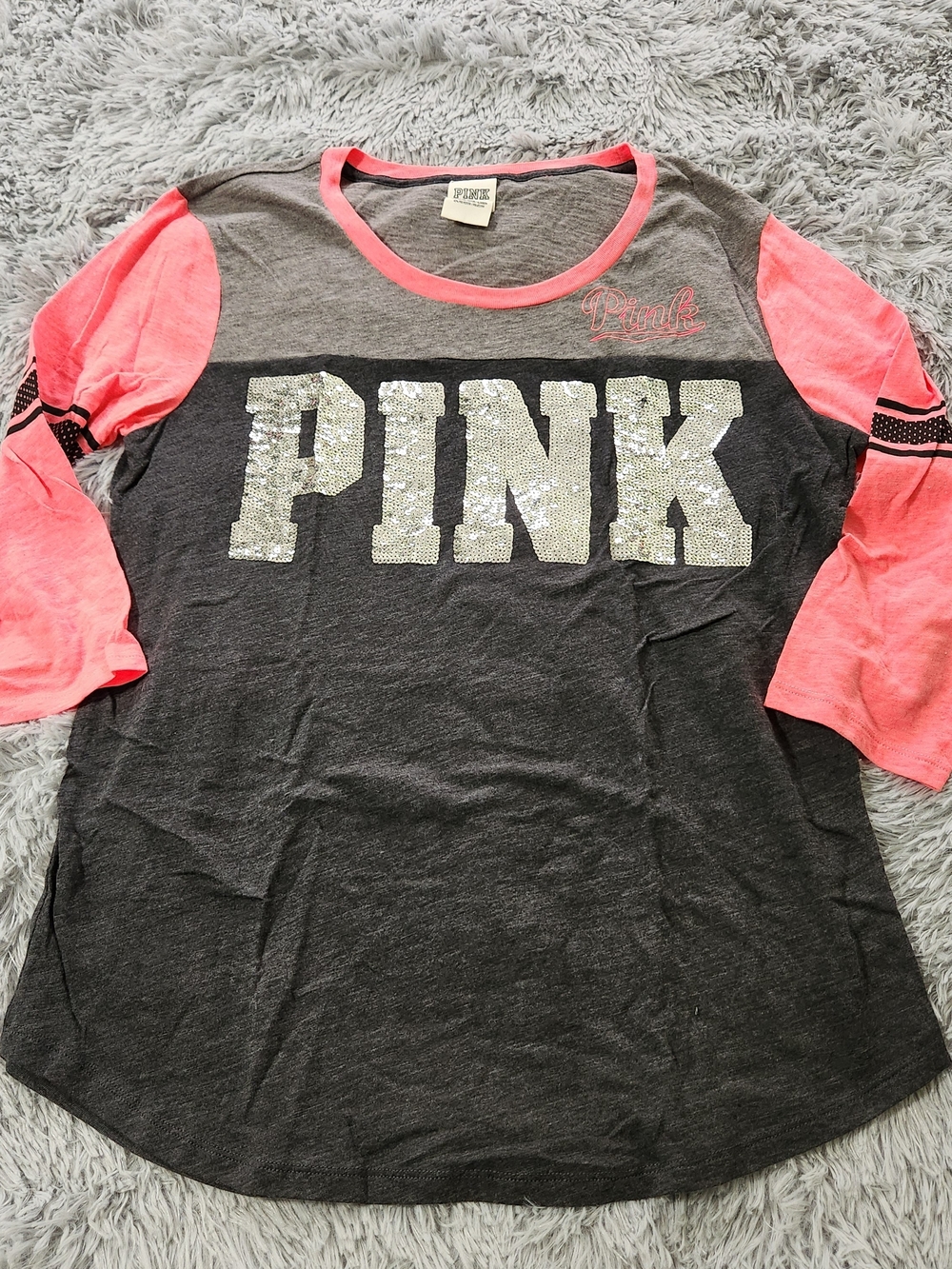 Victoria's Secret PINK Charcoal Gray and Coral Sequin 3/4 Sleeve Shirt
